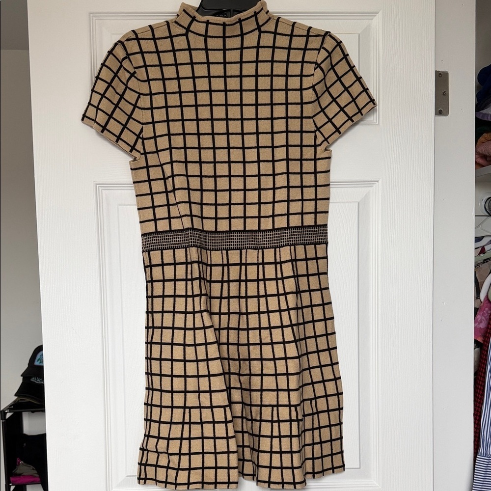 Tahari Tan and Black Checkered Mini Dress